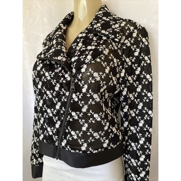 Sachin & Babi Mesh Embroidered Floral Moto Jacket Blazer Black White Zip… - Picture 3 of 7